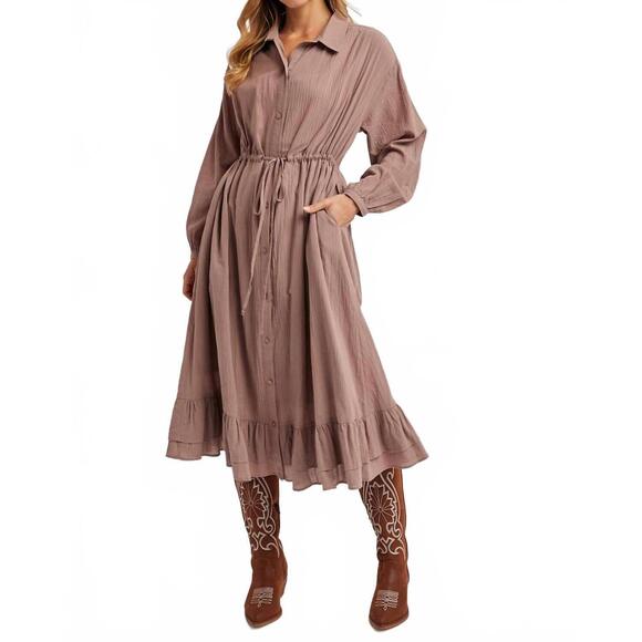 BLUIVY Dresses & Skirts - NEW BLUIVY ruffled midi open duster shirt dress in mauve